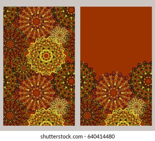 Ornate vintage card, floral decor in Oriental style. Vector mandala design. Template for save the date and greeting card, wedding invitation, certificate, leaflet, poster and more