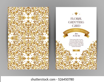 Ornate vintage cards. Golden floral decor in Victorian style. Template frame for save the date and greeting card, wedding invitation, certificate, leaflet, poster. Vector border with place for text.