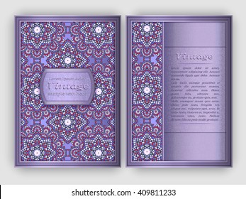 Ornate vintage cards with laced geometric pattern. Decorative oriental templates for brochure, flyer, booklet. Front page and back page, size A5. Elegant layout.