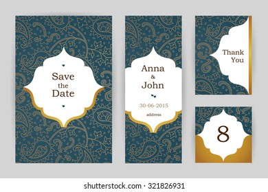 Ornate vintage ornate cards. Outline floral decor in Eastern style. Template frame for greeting card, wedding invitation, table number. Vector border with place for text. Easy to use, layered.