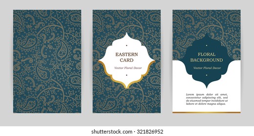 Ornate vintage ornate cards. Outline floral decor in Eastern style. Template frame for save the date and greeting card, wedding invitation. Vector border with place for text. Easy to use, layered.