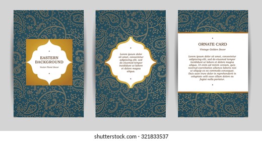 Ornate vintage ornate cards. Outline floral decor in Eastern style. Template frame for save the date and greeting card, wedding invitation. Vector border with place for text. Easy to use, layered.