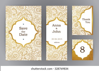 Ornate vintage cards. Outline floral decor in Eastern style. Template frame for save the date, greeting card, wedding invitation, table number. Vector border with place for text. Easy to use, layered.