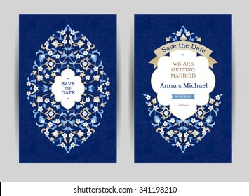 Ornate vintage cards. Outline floral decor in Eastern style. Template frame for save the date, greeting card, wedding invitation, certificate, leaflet, poster. Vector blue border with place for text.