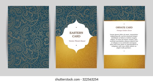 Ornate vintage cards. Outline paisley decor in Eastern style. Template frame for greeting card, wedding invitation, certificate, leaflet, poster. Vector golden border with place for text.