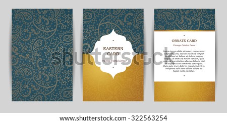 Ornate vintage cards. Outline paisley decor in Eastern style. Template frame for greeting card, wedding invitation, certificate, leaflet, poster. Vector golden border with place for text.