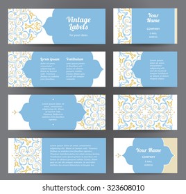 Ornate vintage cards. Pastel decor in Eastern style. Template frame for greeting card, invitation, leaflet, poster, sale decor, business card, sticker, badge. Vector border with place for text.