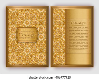 Ornate vintage cards with round floral pattern. Decorative oriental templates for brochure, flyer, booklet. Front page and back page, size A5. Elegant layout. Islam, Arabic, Indian, ottoman motifs.