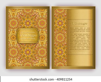 Ornate vintage cards with round floral pattern. Decorative oriental templates for brochure, flyer, booklet. Front page and back page, size A5. Elegant layout.