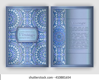 Ornate vintage cards with round geometric pattern. Decorative oriental templates for brochure, flyer, booklet. Front page and back page, size A5. Elegant layout.