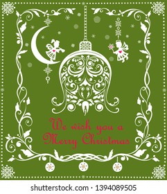 Ornate vintage Christmas greeting green card with floral paper cut out border and craft xmas hanging bell and decoration with little angels