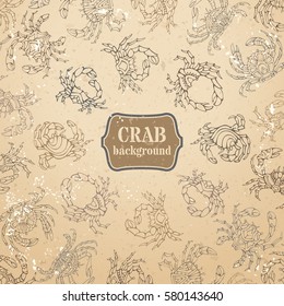 Ornate vintage crabs background. Various hand-drawn doodles crabs on old paper background.