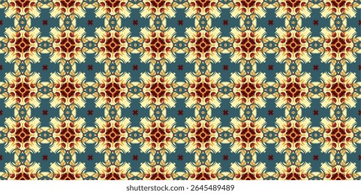 Un adornado patrón de Fondo de pantalla de damasco vintage con motivos florales simétricos de color verde azulado, crema y rojo óxido.