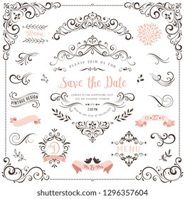 Ornate vintage design elements with calligraphy swirls, swashes, ornate motifs and scrolls.  Good for Save the Date cards, Wedding invitations and Thank You cards. 