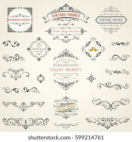 Ornate vintage design elements with calligraphy swirls, swashes, ornate motifs and scrolls. Frames and banners. Vector illustration.