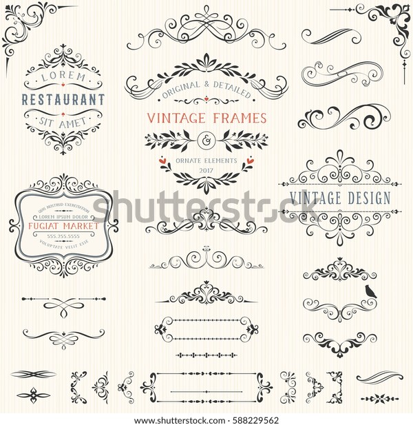 Ornate vintage design elements
with calligraphy swirls, swashes, ornate motifs and scrolls. Frames
and banners. Vector
illustration.