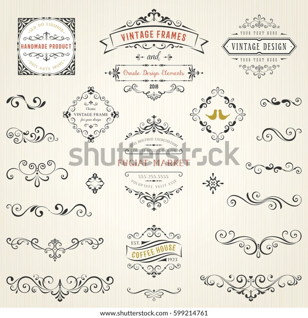 Ornate vintage design elements\
with calligraphy swirls, swashes, ornate motifs and scrolls. Frames\
and banners. Vector\
illustration.