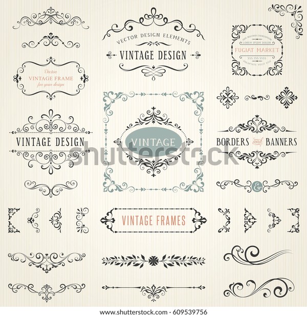 Ornate vintage design elements\
with calligraphy swirls, swashes, ornate motifs and scrolls. Frames\
and banners. Vector\
illustration.