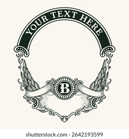 Ornate vintage engraving vector badge template with a circular frame, wings, and customizable text area. Ideal for logos, emblems, or decorative elements. - Powered by Shutterstock - Get 15% off with code: PIKWIZARD15