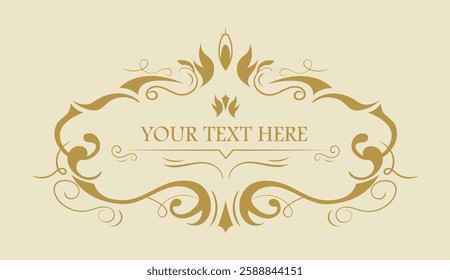 Ornate vintage frame with golden decorative flourishes on a beige background. The symmetrical design has space for customizable text, ideal for invitations or certificates. Vector illustration