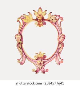 Ornate vintage frame with intricate floral and cherub designs. The frame features elegant curves and decorative cherubs, ideal for classic art and vintage decor. Vintage art illustration, vector.