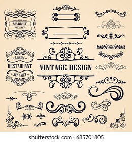 Ornate vintage frames and banners. Design elements with calligraphy elements, swashes, swirls, ornamental motifs and scrolls. Retro vector illustration