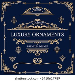 Ornate vintage frames and scroll elements. Classic label with gold ornaments. Classic calligraphy swirls, swashes, dividers, floral motifs. Good for greeting cards, wedding invitations. Luxury design