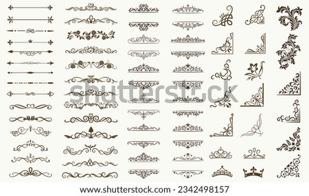 Ornate vintage frames and scroll elements. Set of text delimiters. Decorative vintage frames and borders set. Vector design. flower ornament.