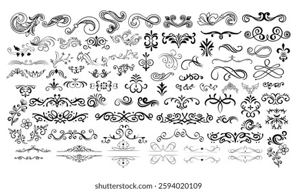 Ornate vintage handdrawn frames, labels, scrolls, logo, branches, leaves and floral motif. For greeting cards, wedding invitations, restaurant menu, royal certificates