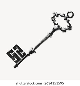Ornate vintage key with intricate design. Antique key features decorative elements. Vintage key ideal for collectors. Key design is elegant and classic. Vintage art illustration vector.