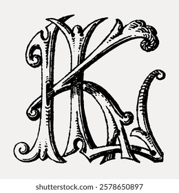 Ornate vintage letter 'K' with intricate floral and scroll designs. Decorative 'K' showcases elegant curves and flourishes in a classic style. Vintage floral font vector.