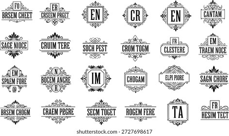 Quadros de logotipo vintage ornamentados, bordas caligráficas clássicas em preto e branco, emblemas boutique elegantes e elementos de crista heráldica, ilustração vetorial
