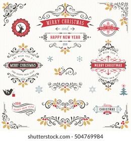 Ornate Vintage Merry Christmas Collection With Swirls And Typographic Labels. Vector File.