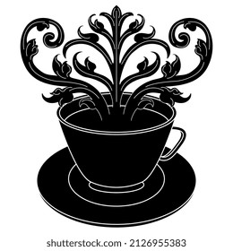 Ornate vintage scroll emerging from a cup of tea or coffee. Creative beverage concept. Black and white silhouette.
