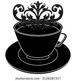 Ornate vintage scroll emerging from a cup of tea or coffee. Creative beverage concept. Black and white silhouette.