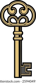 Ornate Vintage Skeleton Key Vector, Gold Color, High-Quality Decorative Design for Illustrations