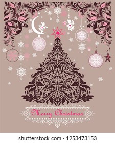 Ornate vintage sweet Christmas greeting card with floral decorative paper cut out border, xmas tree, little angels and hanging baubles with snowflakes