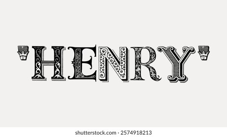 Ornate vintage typography spells 'Henry' with decorative patterns. The word 'Henry' is styled with elegant, vintage typography, showcasing artistic flair. Vintage illustration isolated, vector.