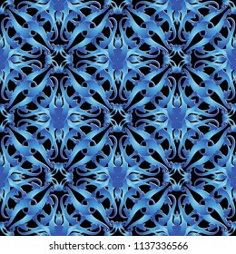 Ornate vintage vector 3d seamless pattern. Ornamental patterned abstract background. Blue beautiful floral damask ornaments. Decorative modern design. Surface texture. Arabesque line art tracers