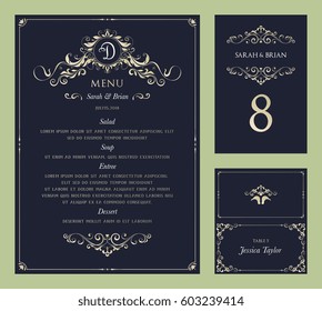 Ornate Vintage Vector Templates Set. Wedding Menu, Table Number And Name Place Card Design.