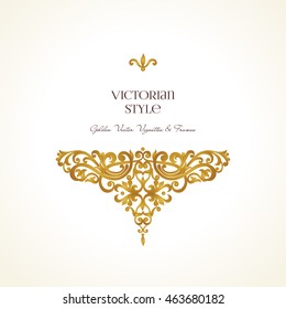 Ornate vintage vignette. Luxury floral golden decor in Victorian style. Template frame for greeting card, wedding invitation, certificate, leaflet, poster. Vector border with place for text.