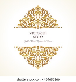 Ornate vintage vignettes. Luxury floral golden decor in Victorian style. Template frame for greeting card, wedding invitation, certificate, leaflet, poster. Vector border with place for text.
