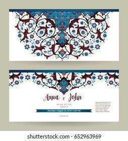 Ornate vintage wedding invitation. Blue floral decor in Eastern style. Template frame for save the date and greeting card, double-sides card, postcard, leaflet. Vector border with place for text.
