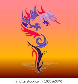 Ornate violet-spotted dragon from the mouth fires, cartoon-silhouette on a fiery red-yellow background, vector
