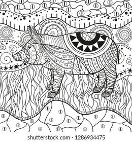 Ornate wallpaper with pig. Hand drawn waved ornaments on white. Abstract patterns on isolated background. Design for spiritual relaxation for adults. Line art. Black and white illustration