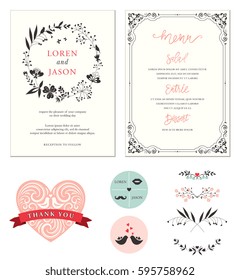 Ornate Wedding cards with typographic design, ornate heart shape, banner, birds, swirl frame, stickers, floral wreath and decorative branches. Vector illustration.