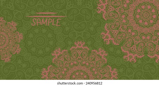 Ornate wedding invitation card based on indian henna mehndi ornament. Asian motifs. A lot of copyspace.