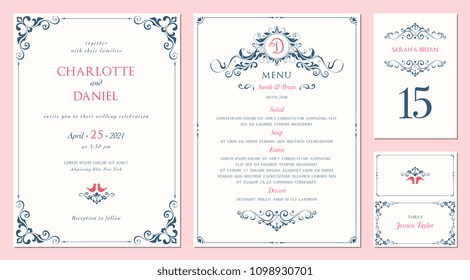 Ornate wedding invitation, table number, menu and place card. Swirl floral templates. Classic vintage design. Vector illustration.