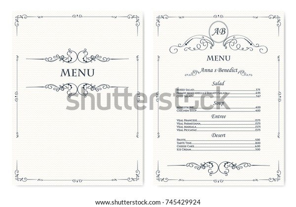 Ornate wedding menu design in vintage style.\
Vector template.