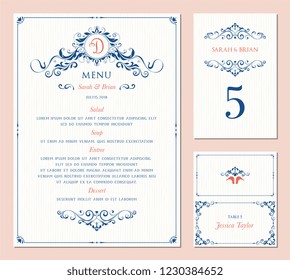 Ornate Wedding Table Number, Menu And Place Card. Swirl Floral Template. Classic Vintage Design. Vector Illustration.